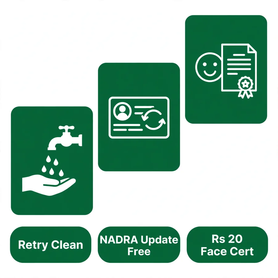 Biometric failure ladder infographic: retry, NADRA update, face certificate