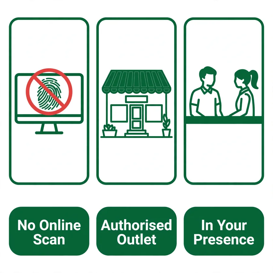Online biometric scam infographic: no online scan exists