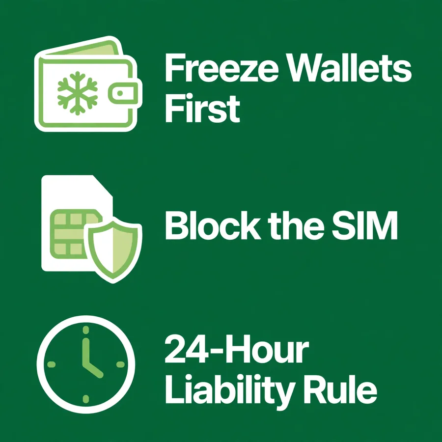 First hour infographic: freeze wallets, block SIM, liability