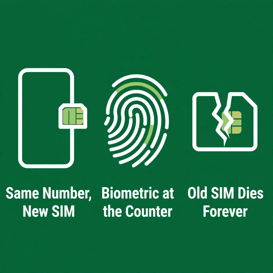 Replacement SIM infographic: same number back with biometric