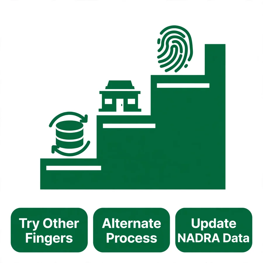 Fingerprint failure ladder infographic: other fingers, alternate process, NADRA update