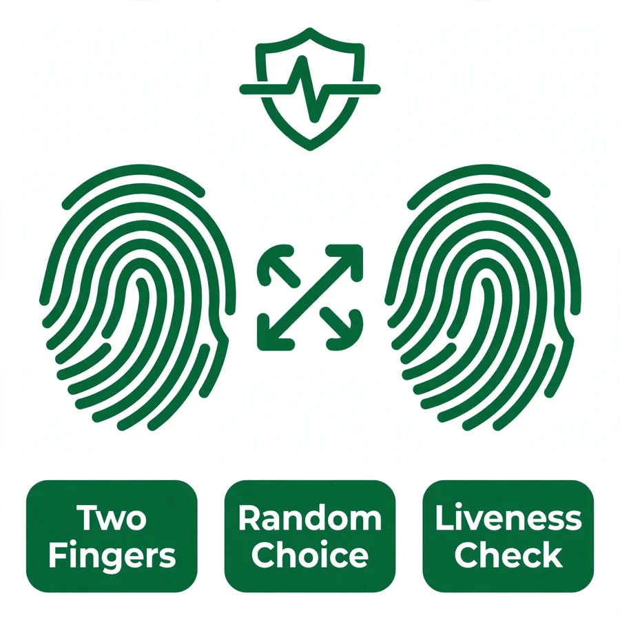 MBVS infographic: two fingers, random choice, liveness check