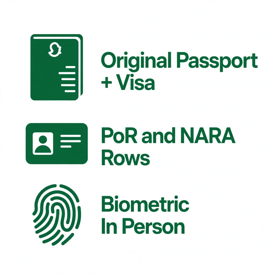 Foreigner documents infographic: passport, PoR, NARA
