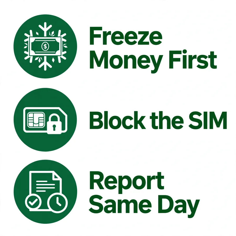 First hour infographic: freeze money, block SIM, report