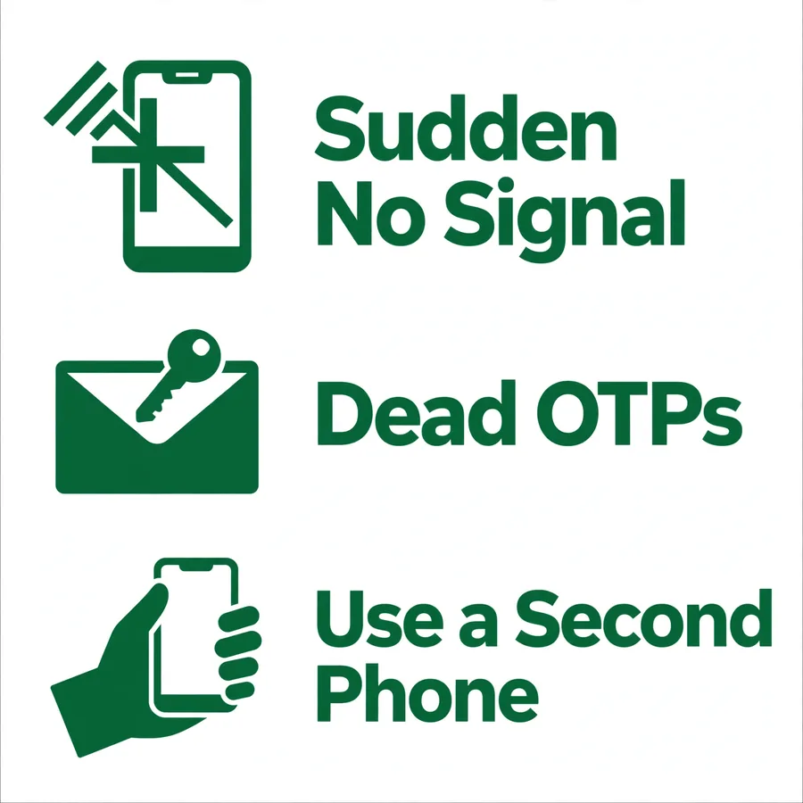 SIM swap signs infographic: no signal, dead OTPs, alerts