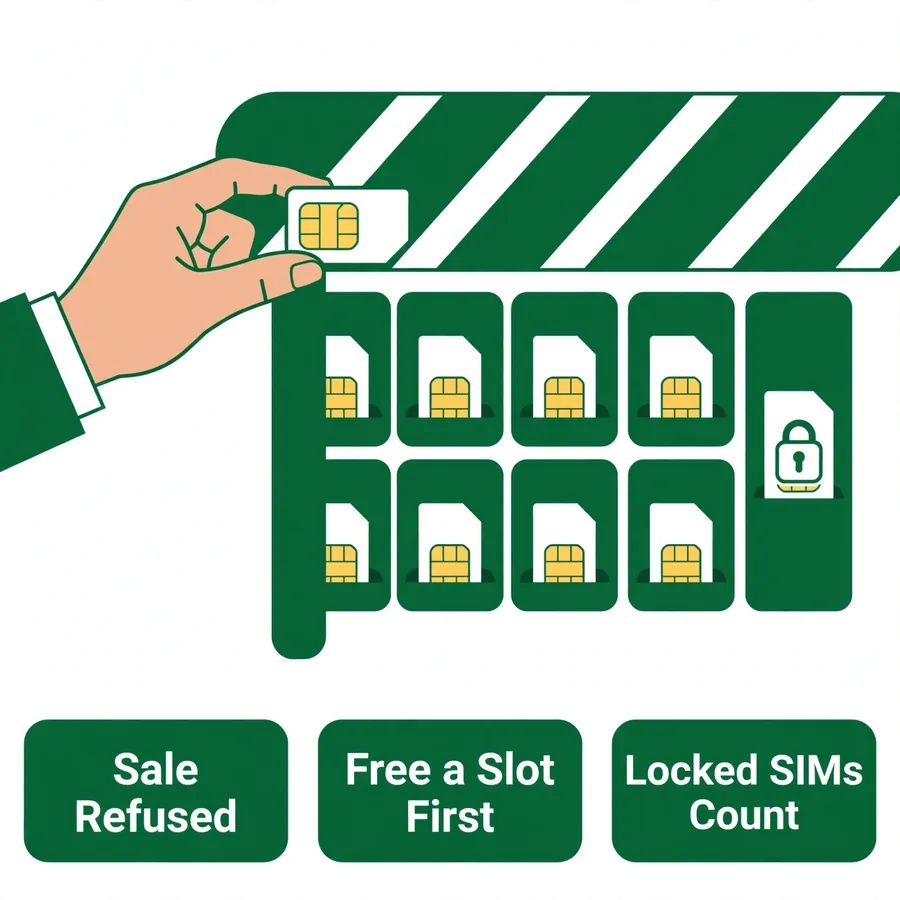 At the SIM cap infographic: refusal, freeing a slot, the lock trap