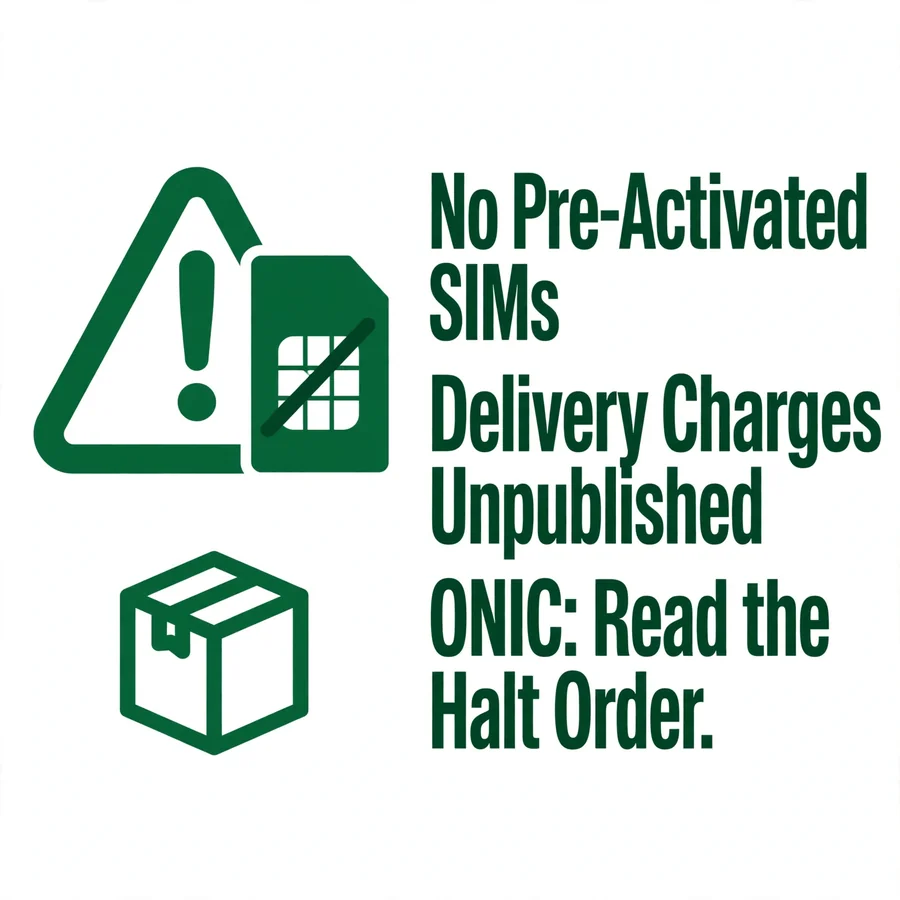 Buyer warnings infographic: pre-activated SIMs, delivery, ONIC
