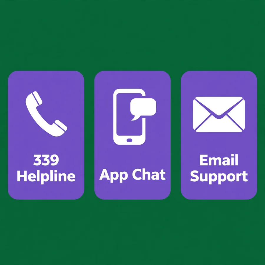 Contact ONIC infographic: helpline 339, app chat, email