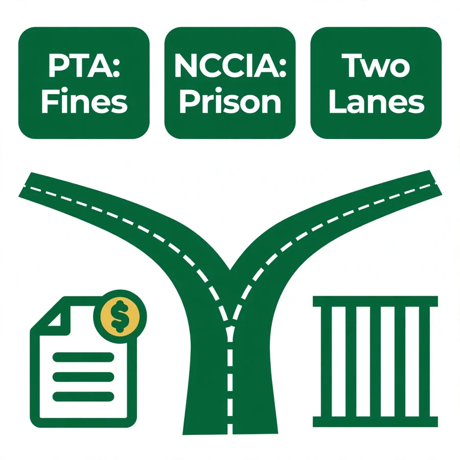 Two lanes infographic: PTA fines vs PECA prosecution