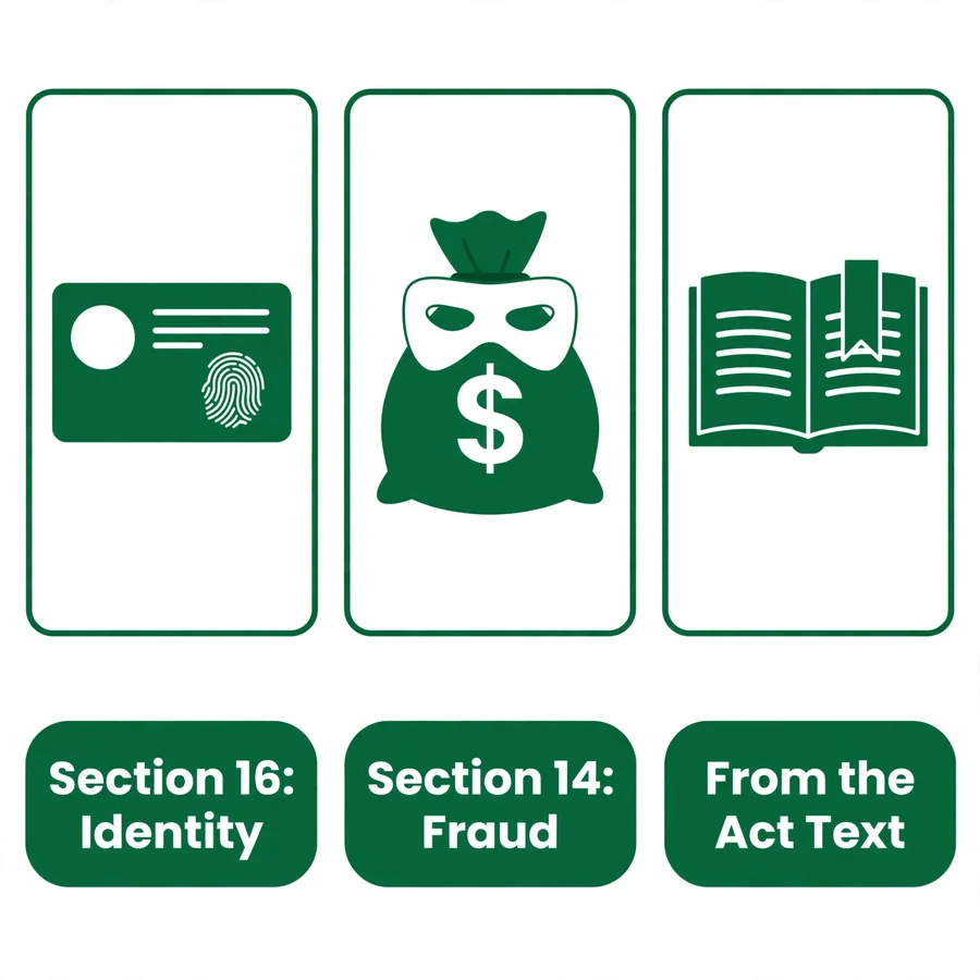 PECA sections infographic: identity, fraud and forgery penalties