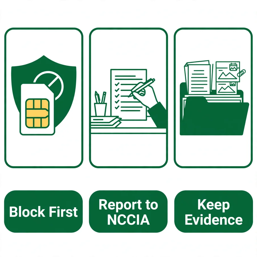 SIM issued in your name infographic: block, report, evidence