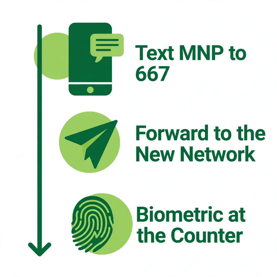 Porting steps infographic: 667 SMS, forwarding code, biometric