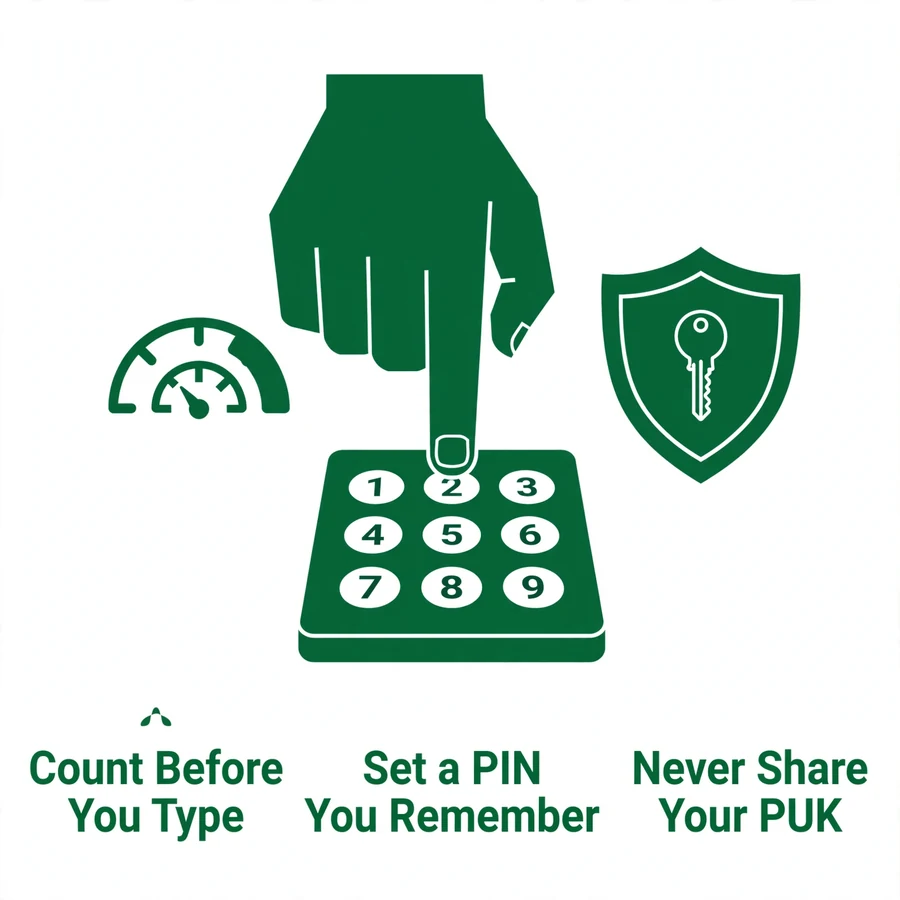 Entering the PUK infographic: care, new PIN, secrecy