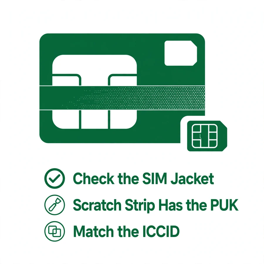 SIM jacket infographic: where the PUK is printed
