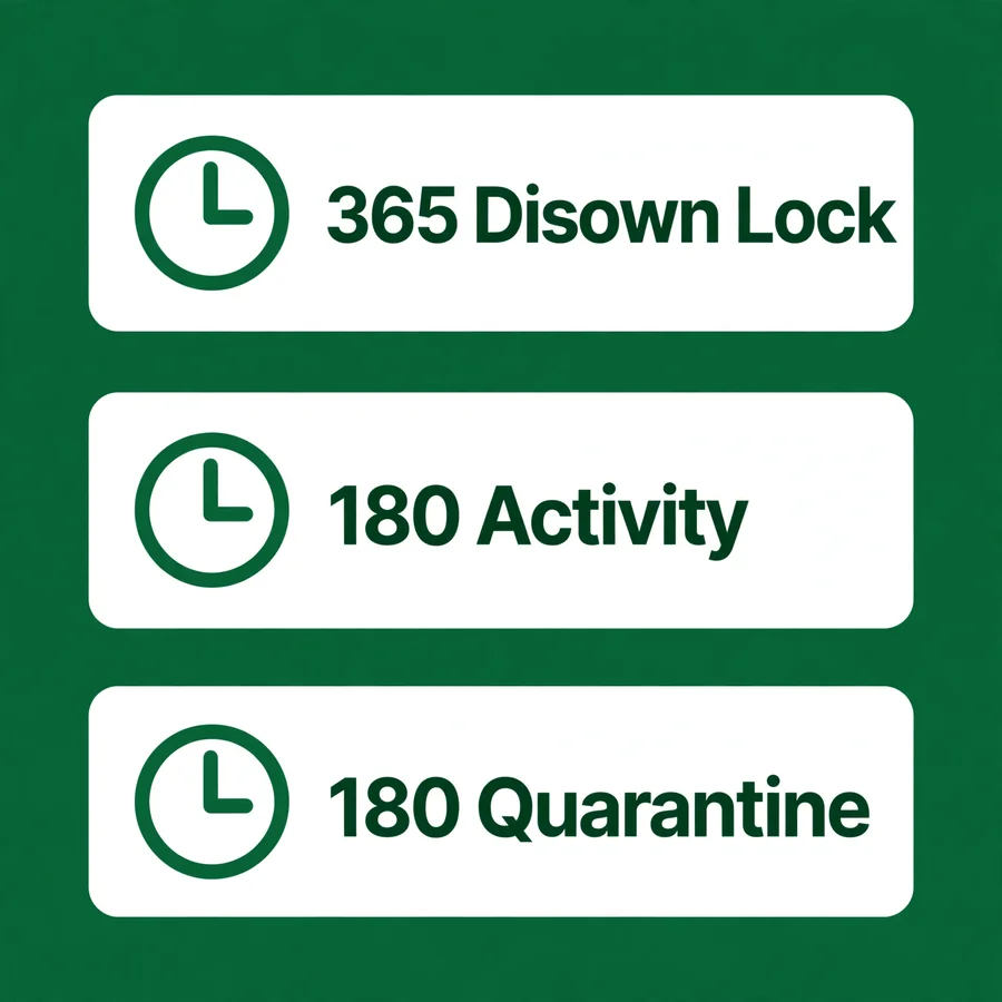 Three SIM clocks infographic: 365-day lock, 180-day activity, quarantine