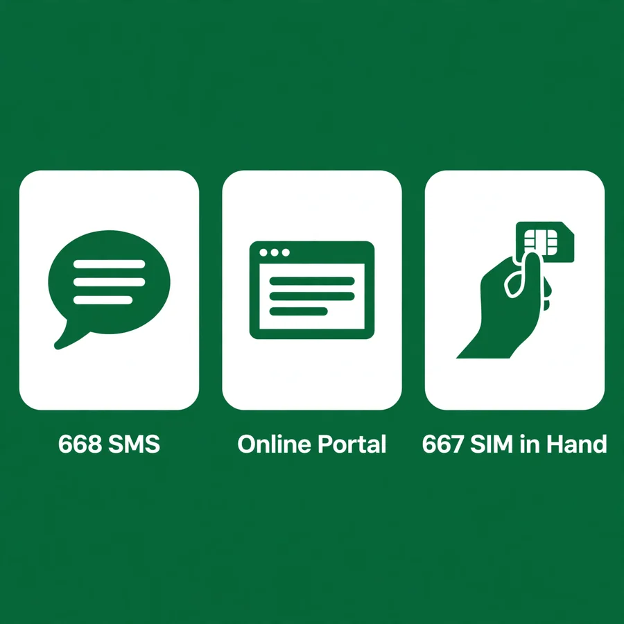 Check your SCOM SIM infographic: 668 SMS, online portal, 667