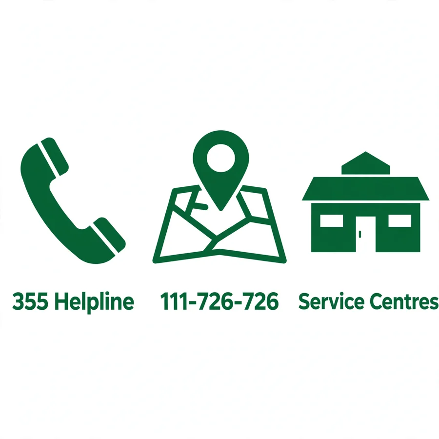 Contact SCOM infographic: helpline 355, UAN, service centres