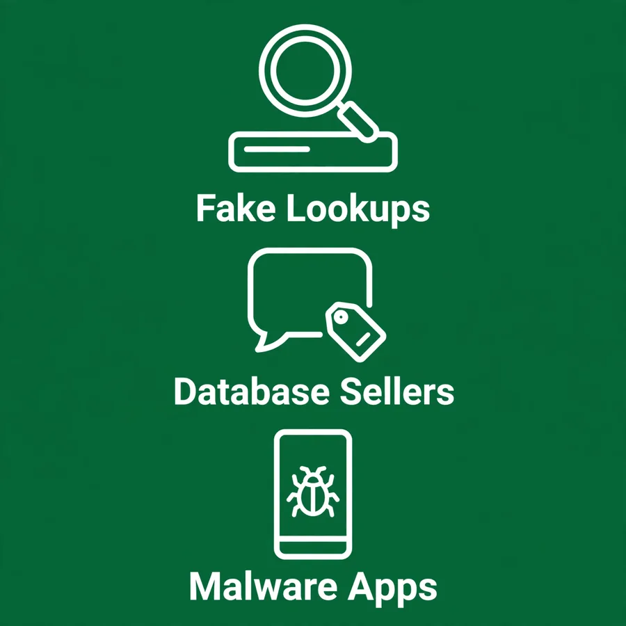 Five scam patterns infographic: lookups, sellers, APKs