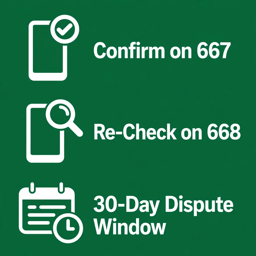 Aftercare infographic: 667 confirm, 668 re-check, dispute window