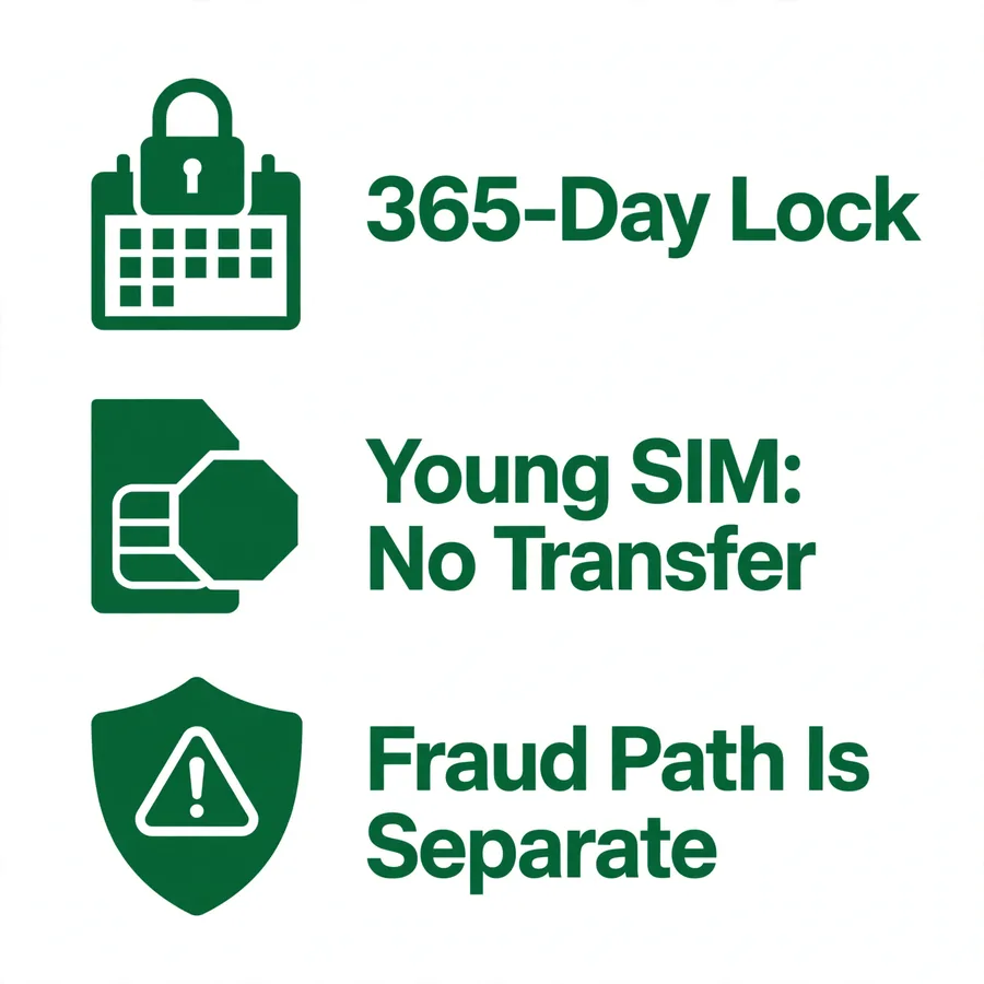 365-day lock infographic: young SIMs cannot transfer