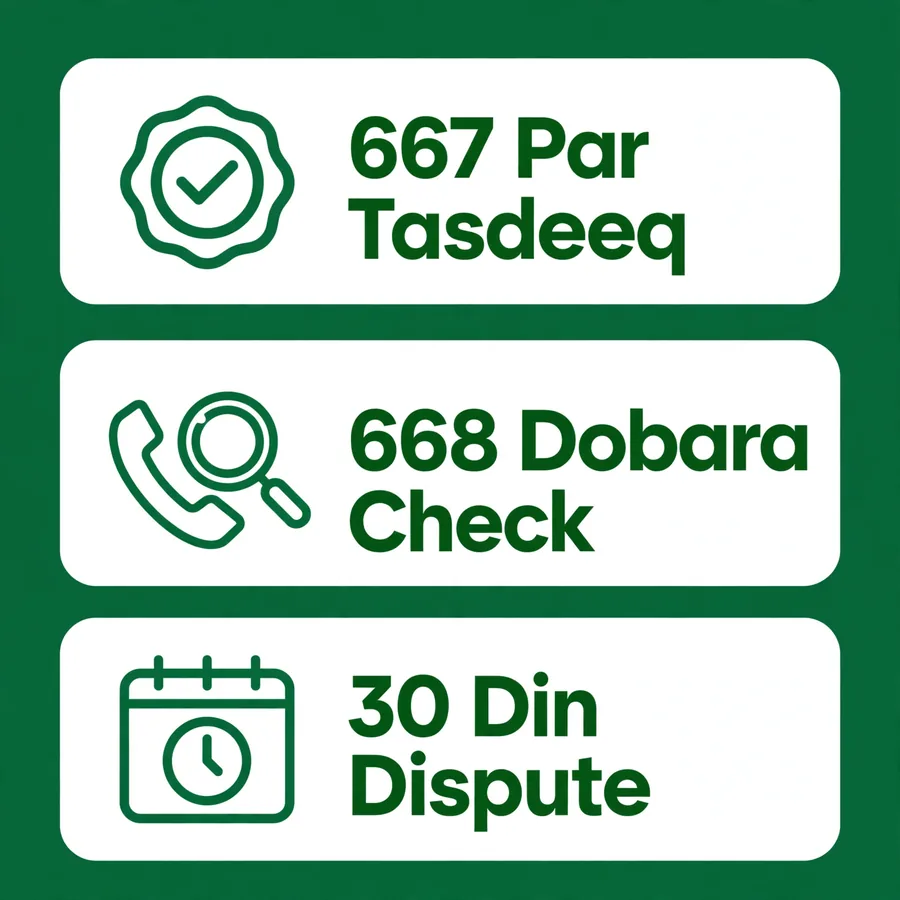 Transfer ke baad infographic: 667 tasdeeq, 668 check, dispute