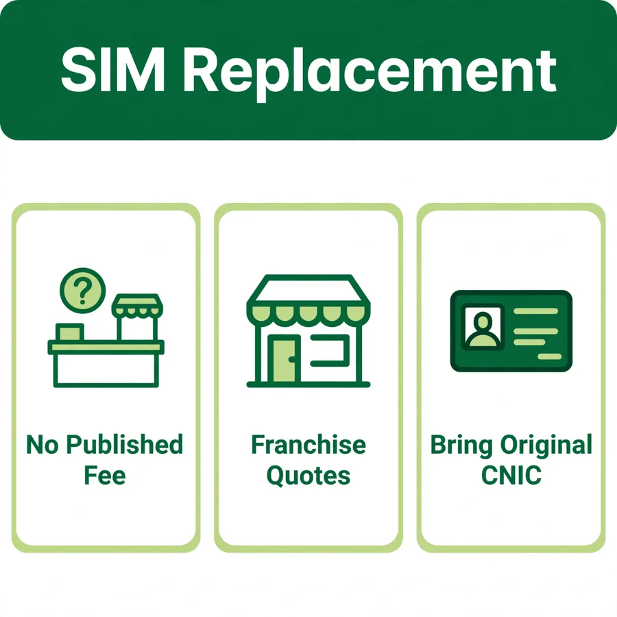 Ufone SIM replacement infographic: no published fee, franchise quotes, bring original CNIC