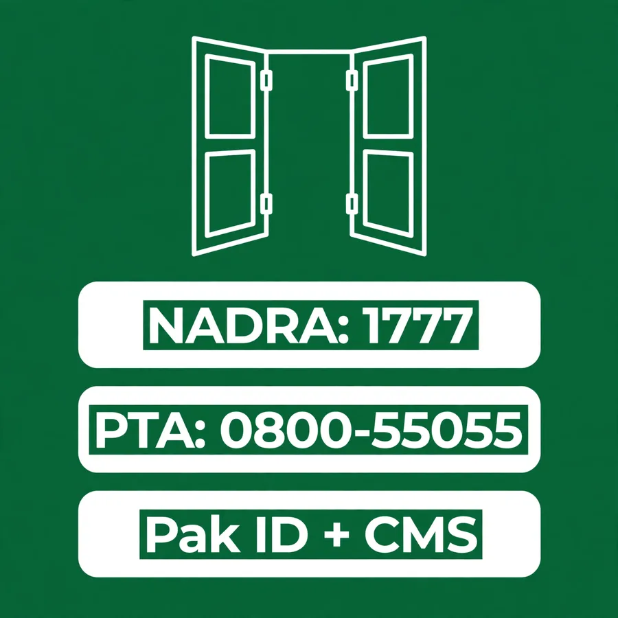 Both doors infographic: NADRA 1777, PTA helpline, Pak ID, CMS