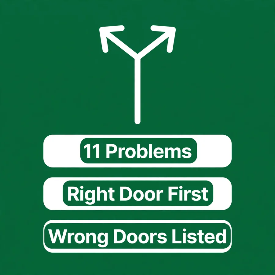 Routing table infographic: 11 SIM problems, right doors